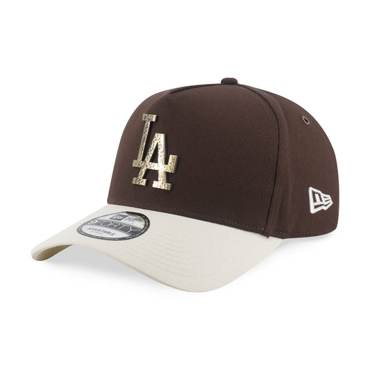 9FORTY A-Frame Los Angeles Dodgers Hammered Metal Badge 2-Tone Chrome White Visor Walnut Adjustable
