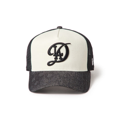 9FORTY A-Frame Trucker Los Angeles Dodgers City Connect Laser Burn Out 2-Tone Black Visor Chrome White Snapback