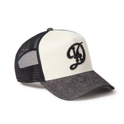 9FORTY A-Frame Trucker Los Angeles Dodgers City Connect Laser Burn Out 2-Tone Black Visor Chrome White Snapback