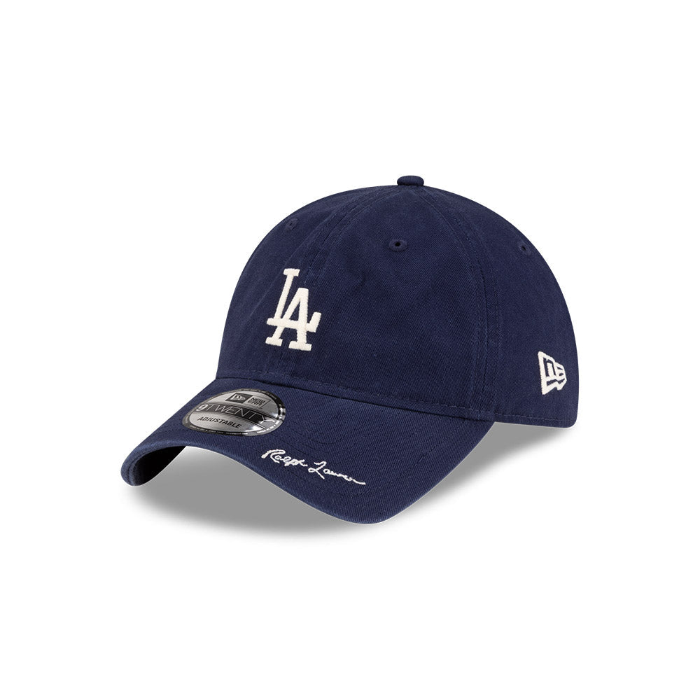 Front left view of New Era x Ralph Lauren Dodgers 9TWENTY Navy Cap highlighting the Ralph Lauren script on visor