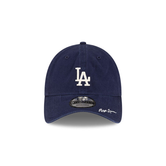 Front view of New Era x Ralph Lauren Dodgers 9TWENTY Navy Cap highlighting the Ralph Lauren script on visor