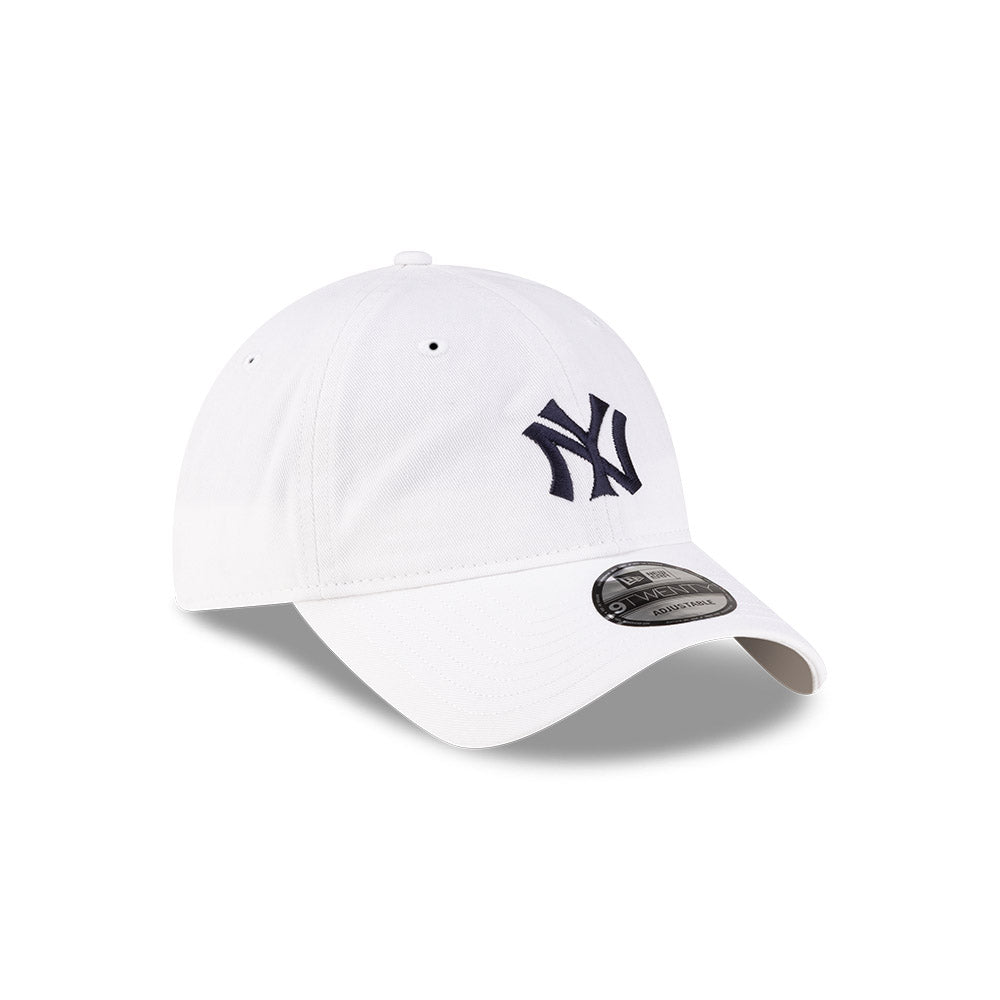 Front right view of New Era x Ralph Lauren Yankees 9TWENTY White Cap highlighting the classic embroidered LA logo