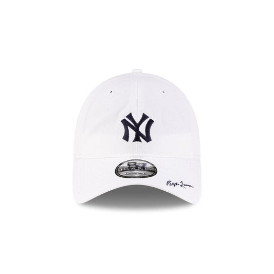 Front view of New Era x Ralph Lauren Yankees 9TWENTY White Cap highlighting the Ralph Lauren script on visor