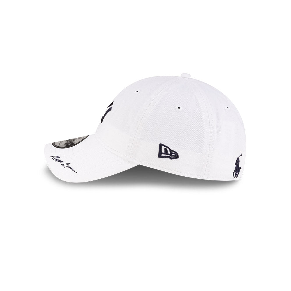 Left side profile view of New Era x Ralph Lauren Yankees 9TWENTY White Cap featuring the classic New Era flag logo.