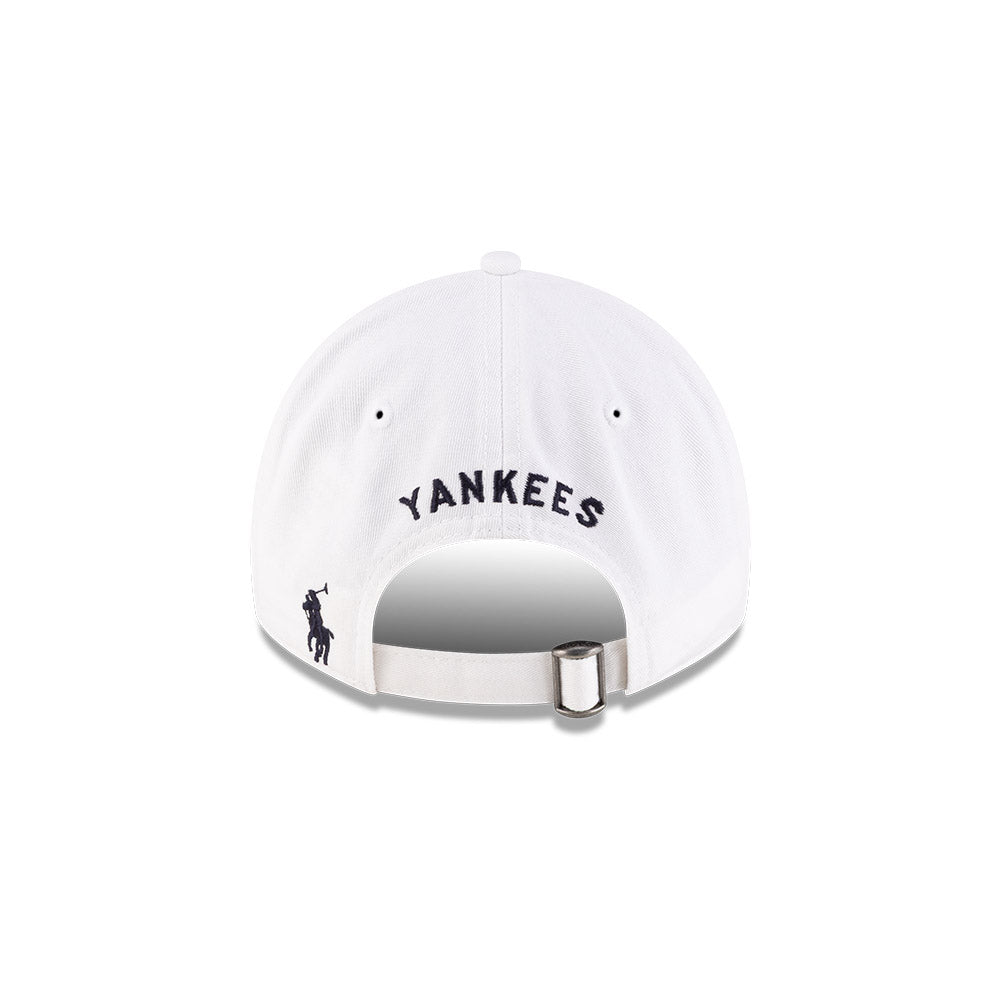 Rear view of New Era x Ralph Lauren Yankees 9TWENTY White Cap showcasing embroidered Polo Pony and Yankees script