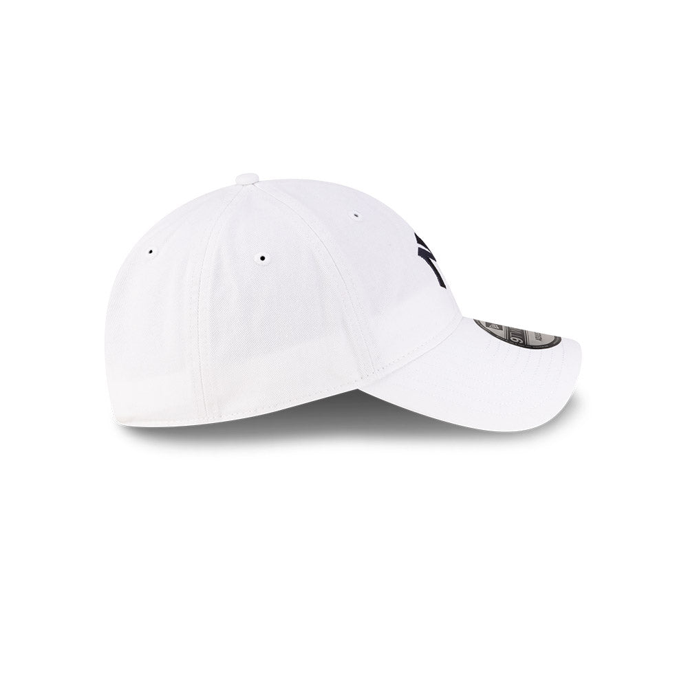 Right side profile view of New Era x Ralph Lauren Yankees 9TWENTY White Cap showing pre-curved visor.