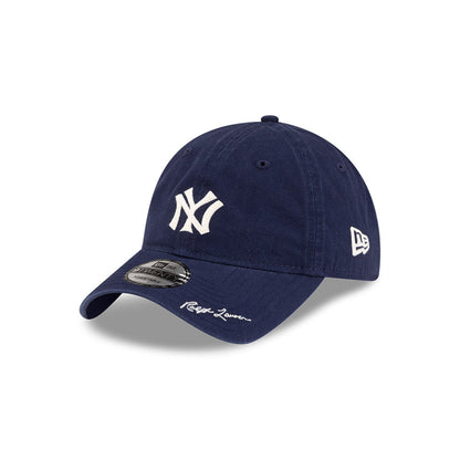 Front left view of New Era x Ralph Lauren Yankees 9TWENTY Navy Cap highlighting the Ralph Lauren script on visor