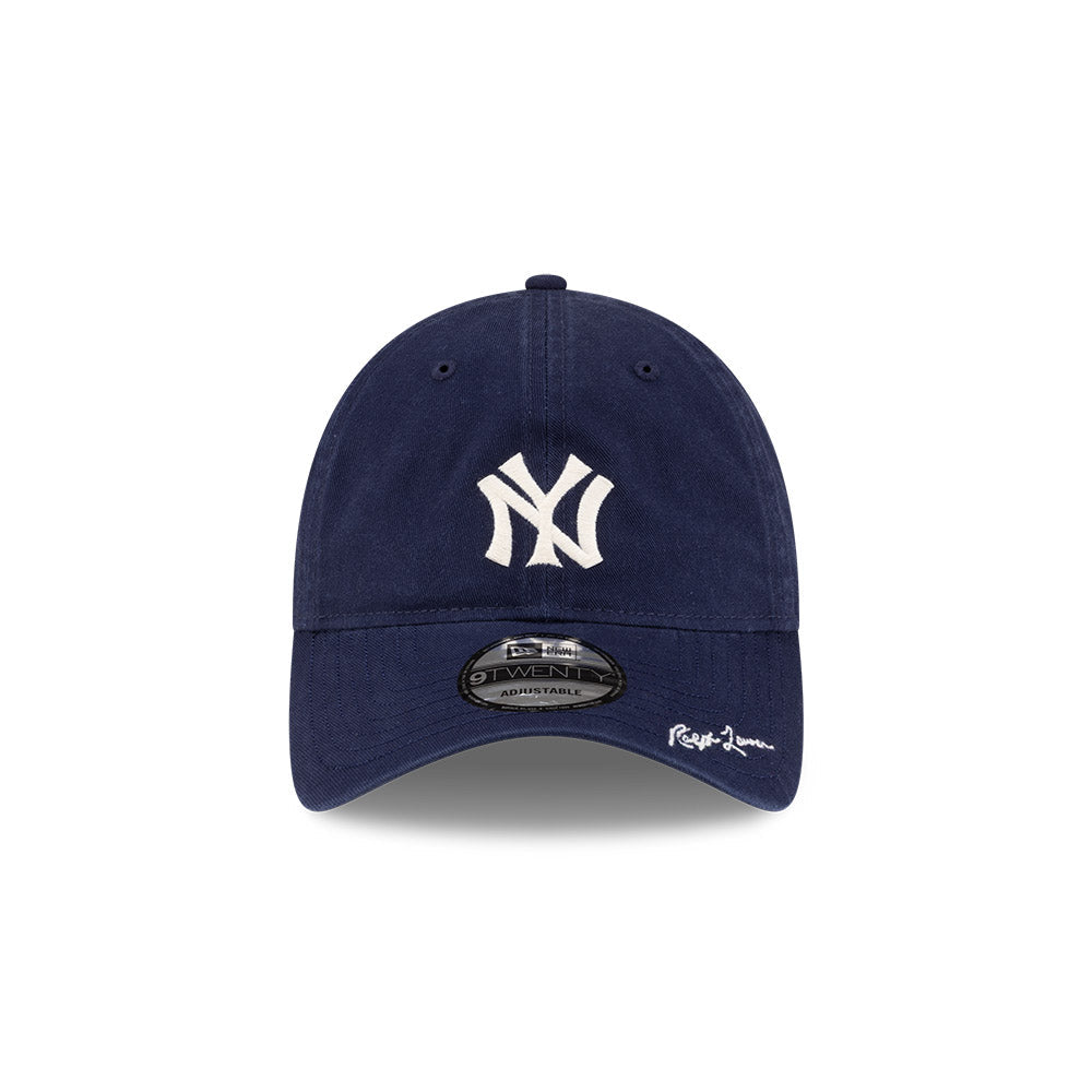 Front view of New Era x Ralph Lauren Yankees 9TWENTY Navy Cap highlighting the Ralph Lauren script on visor