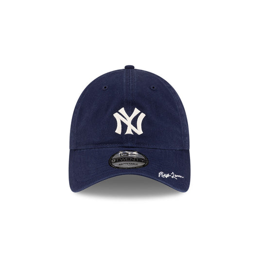 Front view of New Era x Ralph Lauren Yankees 9TWENTY Navy Cap highlighting the Ralph Lauren script on visor