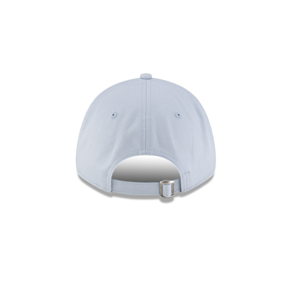 Rear view of New Era x Lacoste 9FORTY Core Light Blue Adjustable Cap showcasing cloth strapback and metal closure.