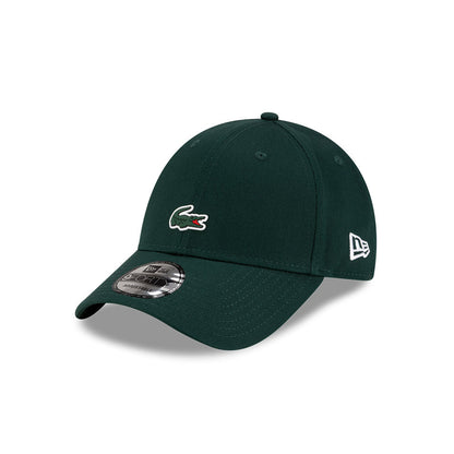 Front left view of New Era x Lacoste 9FORTY Core Dark Green Adjustable Cap highlighting the classic New Era flag logo
