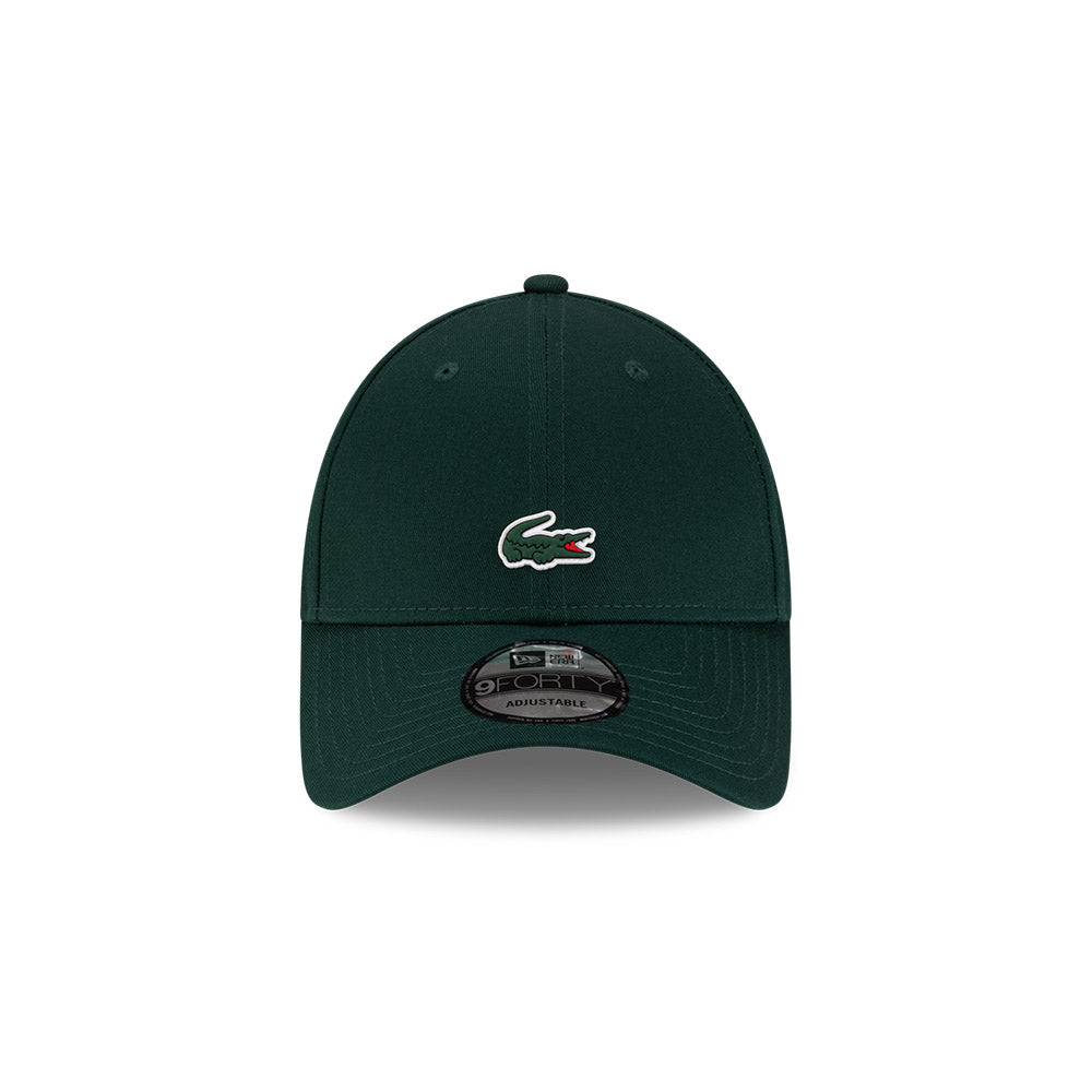 Front view of New Era x Lacoste 9FORTY Core Dark Green Adjustable Cap highlighting the centered crocodile logo