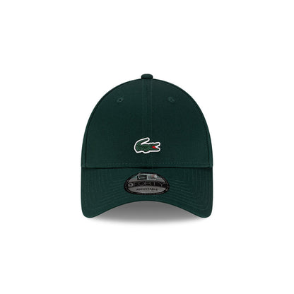 Front view of New Era x Lacoste 9FORTY Core Dark Green Adjustable Cap highlighting the centered crocodile logo