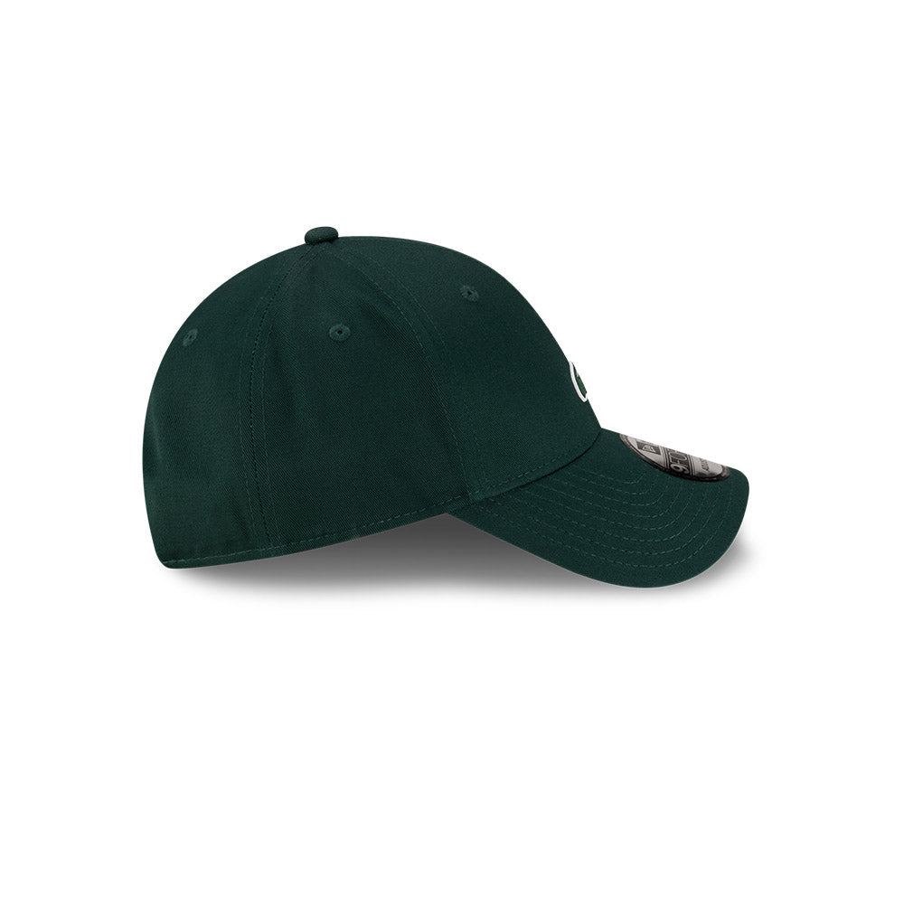 Right side profile view of New Era x Lacoste 9FORTY Core Dark Green Adjustable Cap showing pre-curved visor.