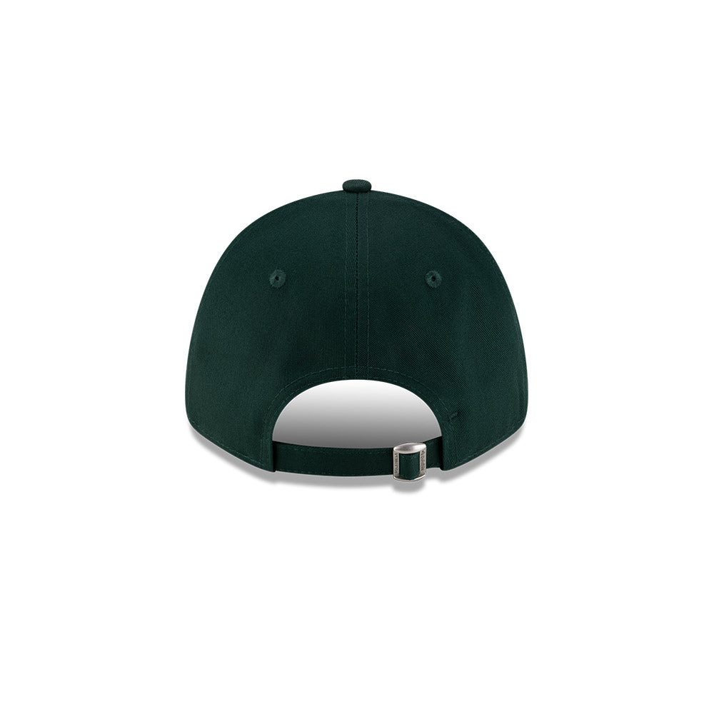 Rear view of New Era x Lacoste 9FORTY Core Dark Green Adjustable Cap showcasing cloth strapback and metal closure.