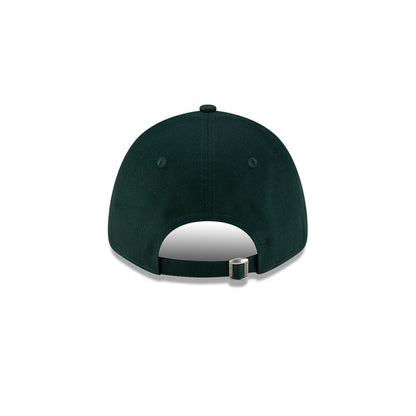 Rear view of New Era x Lacoste 9FORTY Core Dark Green Adjustable Cap showcasing cloth strapback and metal closure.