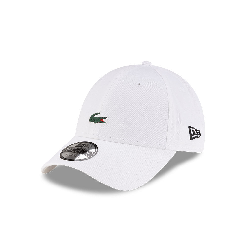 Front left view of New Era x Lacoste 9FORTY Core White Adjustable Cap highlighting the classic New Era flag logo