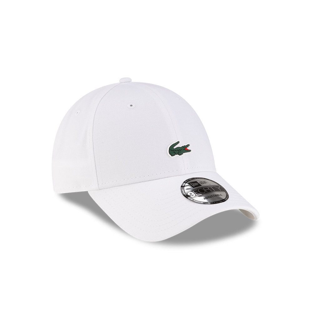 Front right view of New Era x Lacoste 9FORTY Core White Adjustable Cap displaying the classic crown.