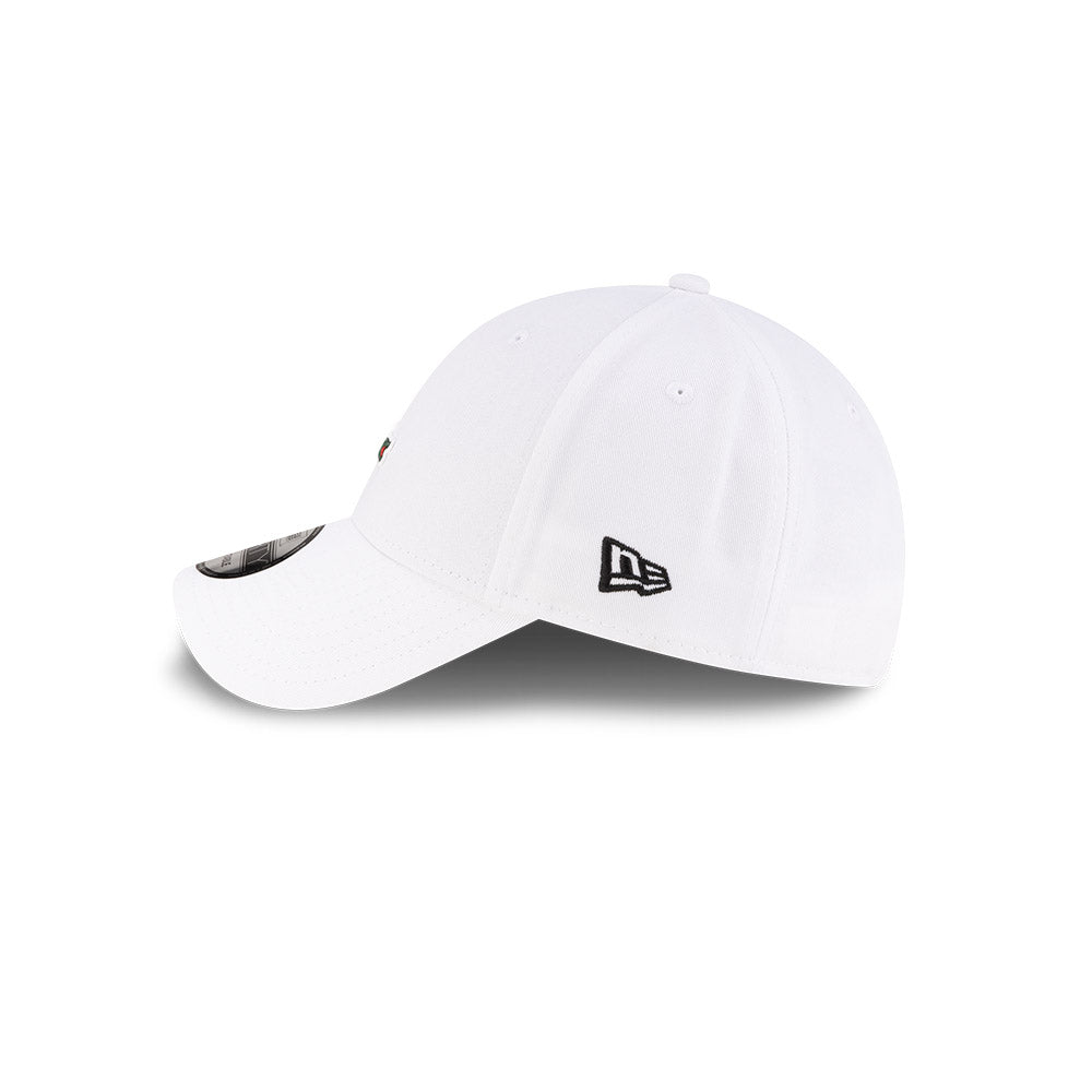 Left side profile view of New Era x Lacoste 9FORTY Core White Adjustable Cap featuring stitched black flag logo.