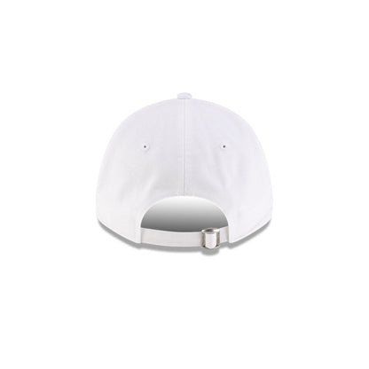 Rear view of New Era x Lacoste 9FORTY Core White Adjustable Cap showcasing cloth strapback and metal closure.