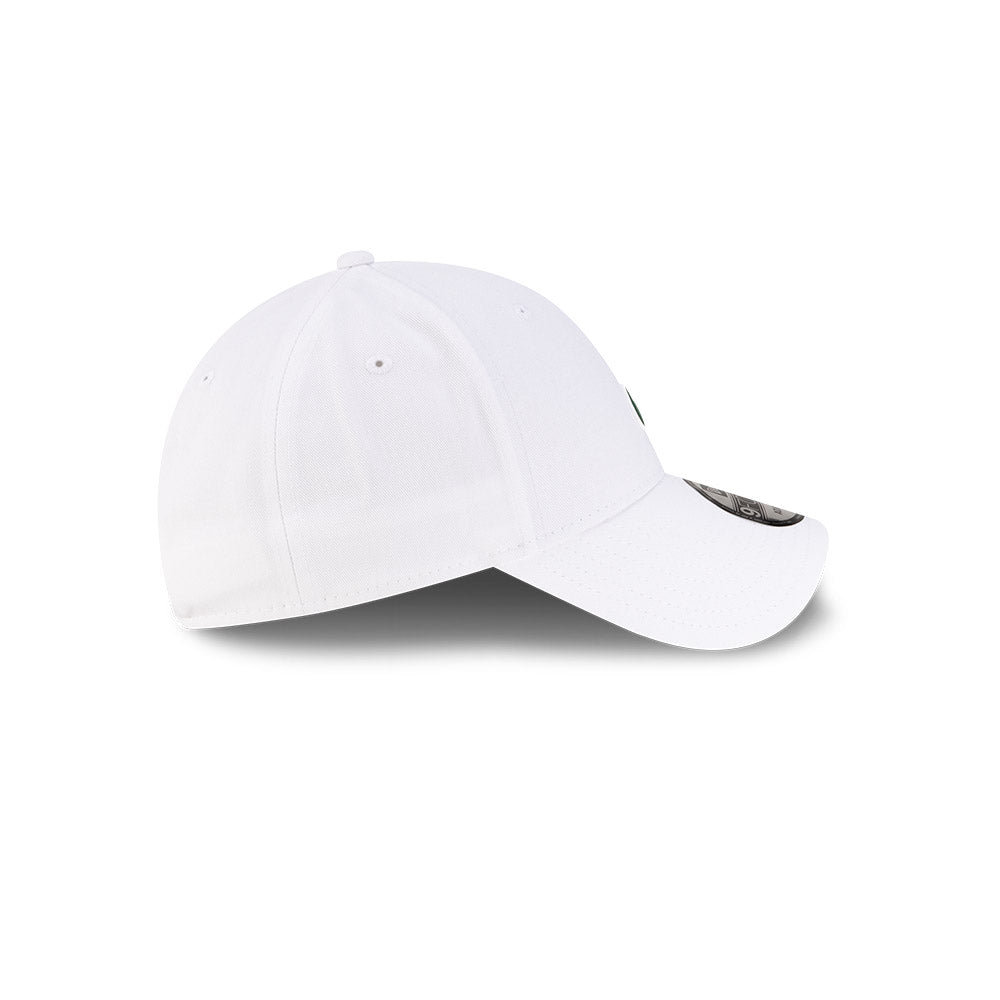 Right side profile view of New Era x Lacoste 9FORTY Core White Adjustable Cap showing pre-curved visor.