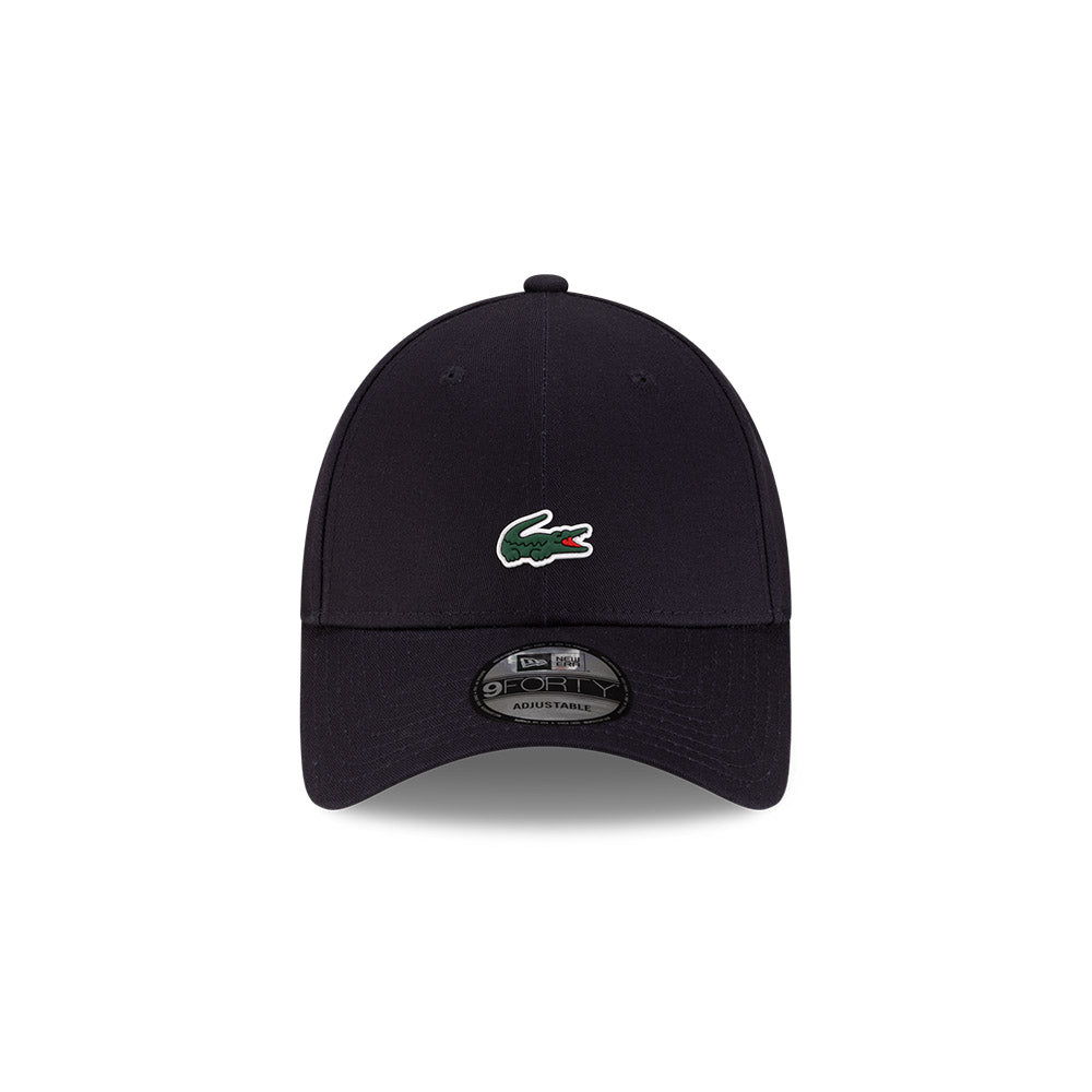 Front view of New Era x Lacoste 9FORTY Core Navy Adjustable Cap highlighting the centered crocodile logo
