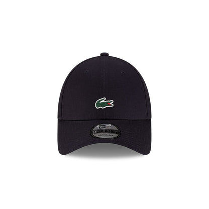 Front view of New Era x Lacoste 9FORTY Core Navy Adjustable Cap highlighting the centered crocodile logo