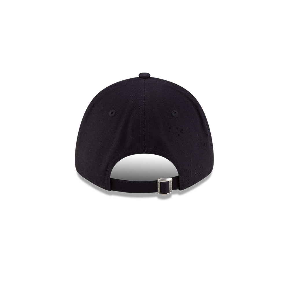 Rear view of New Era x Lacoste 9FORTY Core Navy Adjustable Cap showcasing cloth strapback and metal closure.