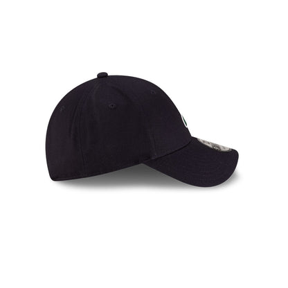 Right side profile view of New Era x Lacoste 9FORTY Core Navy Adjustable Cap showing pre-curved visor.