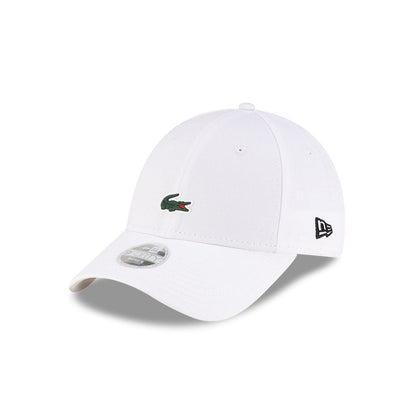 Front left view of New Era x Lacoste 9FORTY Women Core White Adjustable Cap highlighting the classic New Era flag logo