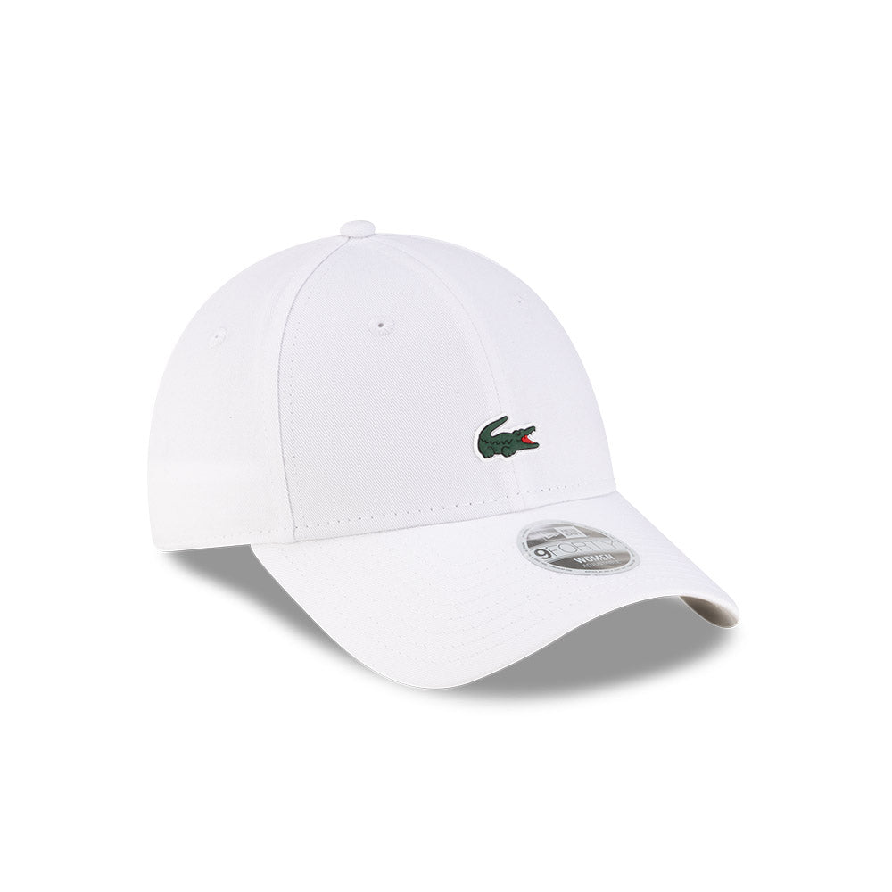 Front right view of New Era x Lacoste 9FORTY Women Core White Adjustable Cap displaying the classic crown.