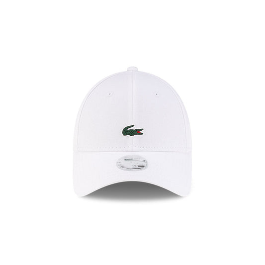 Front view of New Era x Lacoste 9FORTY Women Core White Adjustable Cap highlighting the centered crocodile logo