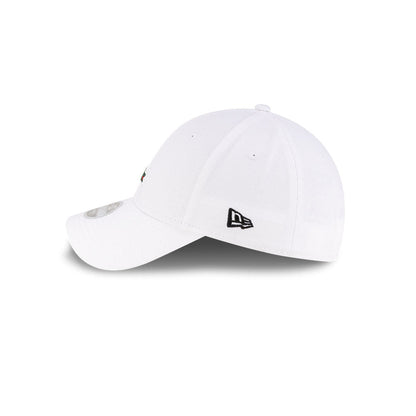 Left side profile view of New Era x Lacoste 9FORTY Women Core White Adjustable Cap featuring stitched black flag logo.