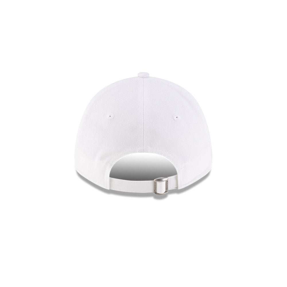 Rear view of New Era x Lacoste 9FORTY Women Core White Adjustable Cap showcasing cloth strapback and metal closure.