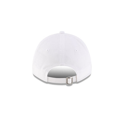 Rear view of New Era x Lacoste 9FORTY Women Core White Adjustable Cap showcasing cloth strapback and metal closure.