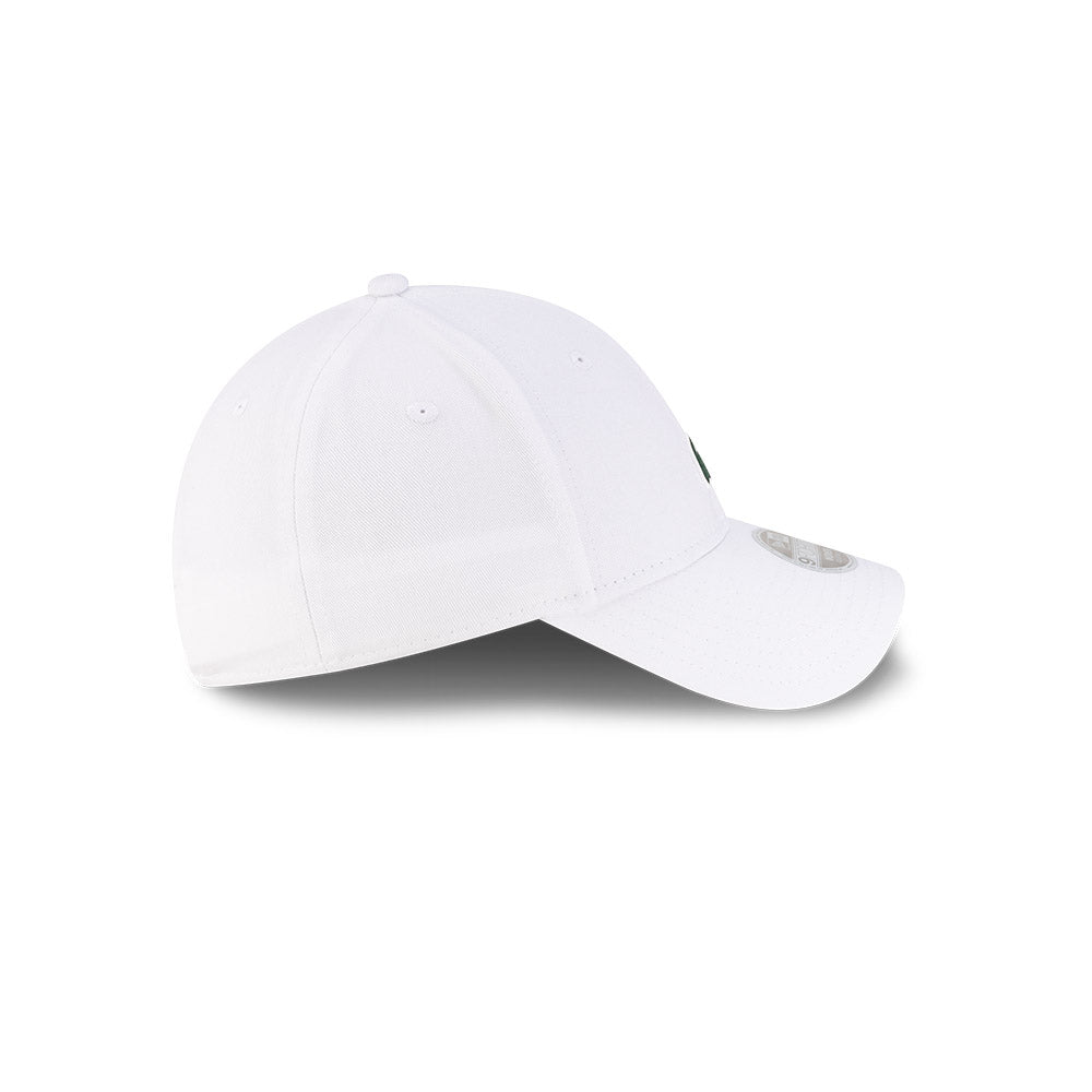 Right side profile view of New Era x Lacoste 9FORTY Women Core White Adjustable Cap showing pre-curved visor.