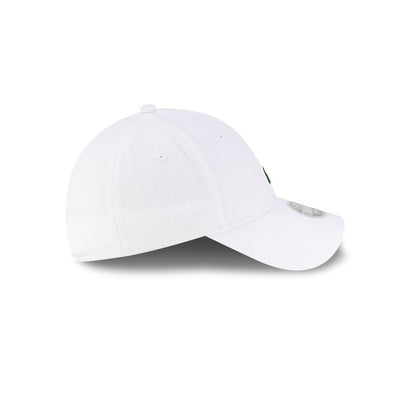 Right side profile view of New Era x Lacoste 9FORTY Women Core White Adjustable Cap showing pre-curved visor.