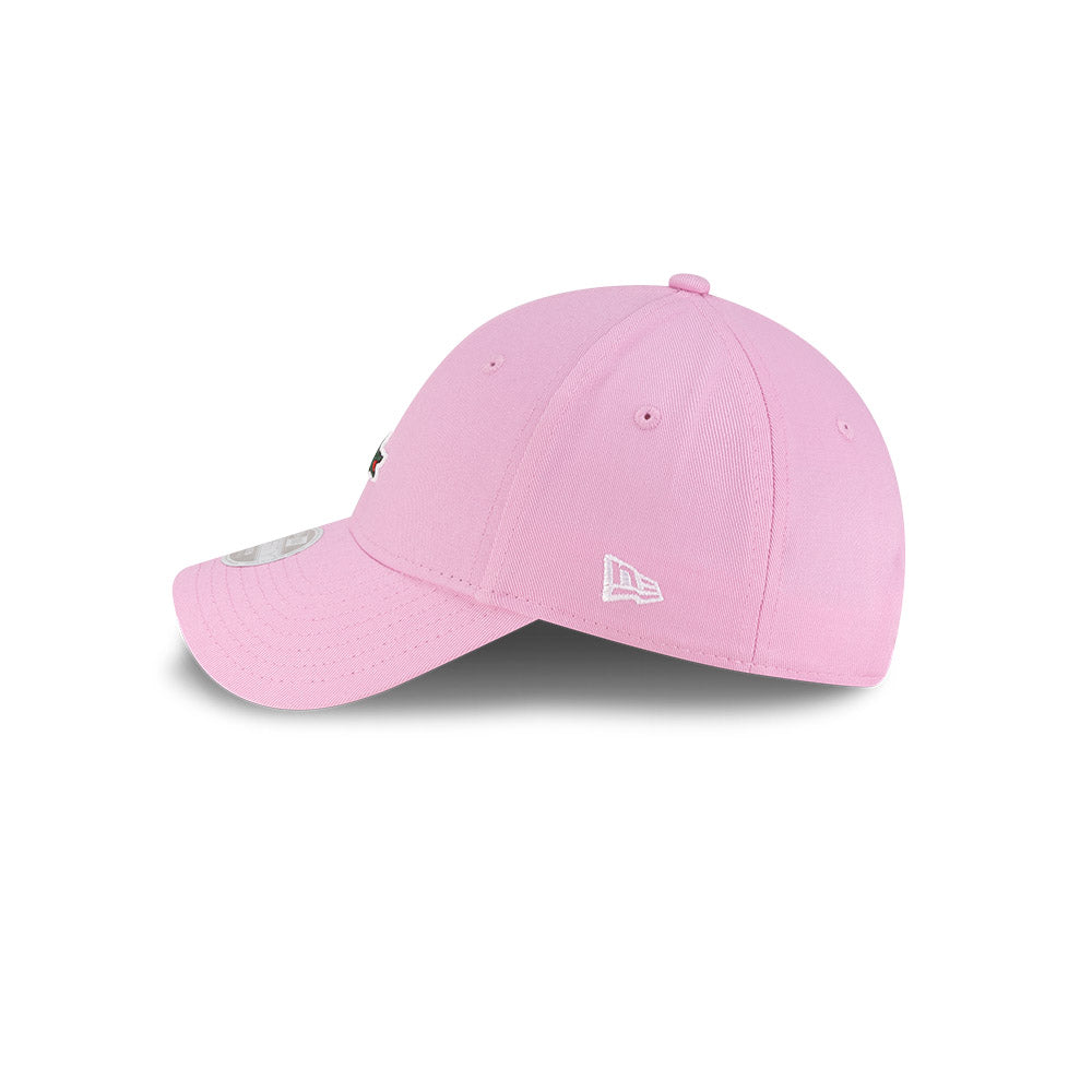 Right side profile view of New Era x Lacoste 9FORTY Women Core Pastel Pink Adjustable Cap showing pre-curved visor.
