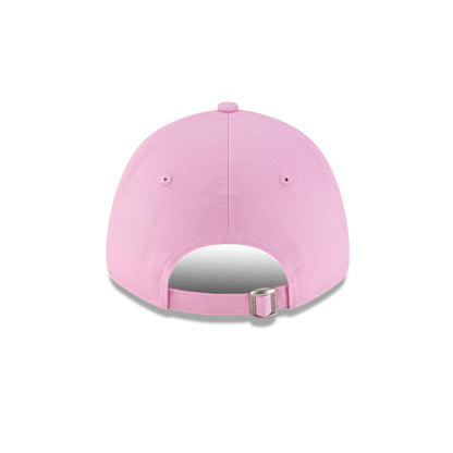 Rear view of New Era x Lacoste 9FORTY Women Core Pastel Pink Adjustable Cap showcasing cloth strapback and metal closure.