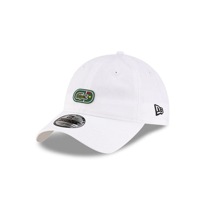 Front left view of New Era x Lacoste 9TWENTY Flag White Adjustable Cap highlighting the classic New Era flag logo.