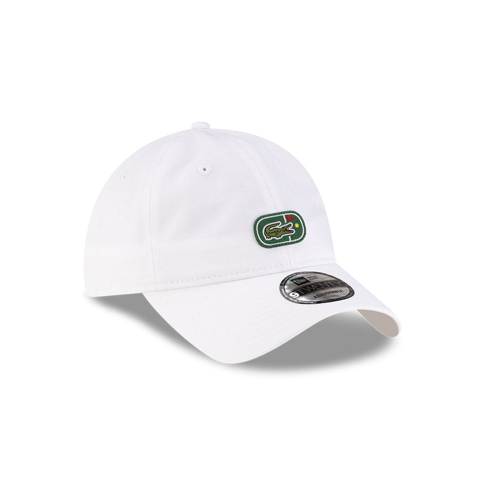 Front right view of New Era x Lacoste 9TWENTY Flag White Adjustable Cap displaying the relaxed unstructured crown.