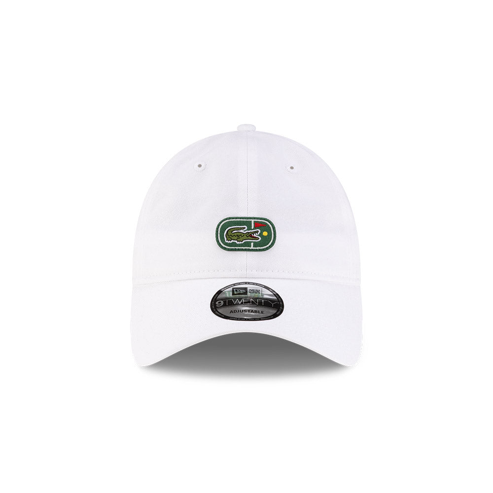 Front view of New Era x Lacoste 9TWENTY Flag White Adjustable Cap highlighting the centered iconic crocodile logo.