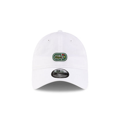 Front view of New Era x Lacoste 9TWENTY Flag White Adjustable Cap highlighting the centered iconic crocodile logo.