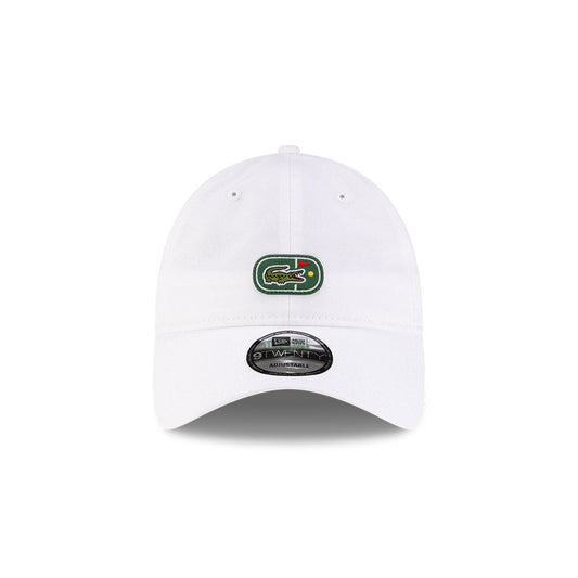 Front view of New Era x Lacoste 9TWENTY Flag White Adjustable Cap highlighting the centered iconic crocodile logo.