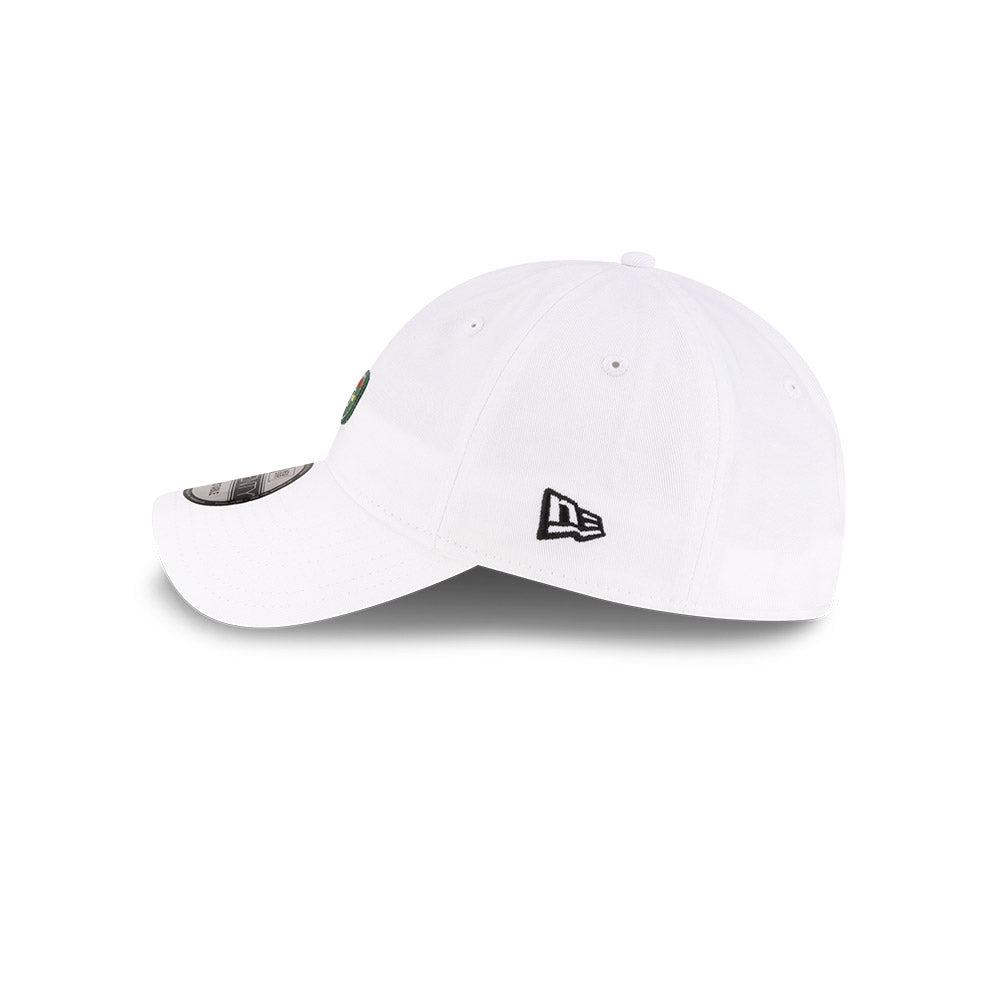Left side profile view of New Era x Lacoste 9TWENTY Flag White Adjustable Cap featuring stitched green flag logo.