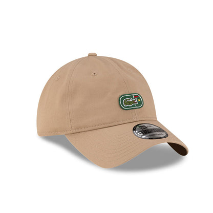 Front right view of New Era x Lacoste 9TWENTY Flag Beige Adjustable Cap displaying the relaxed unstructured crown.