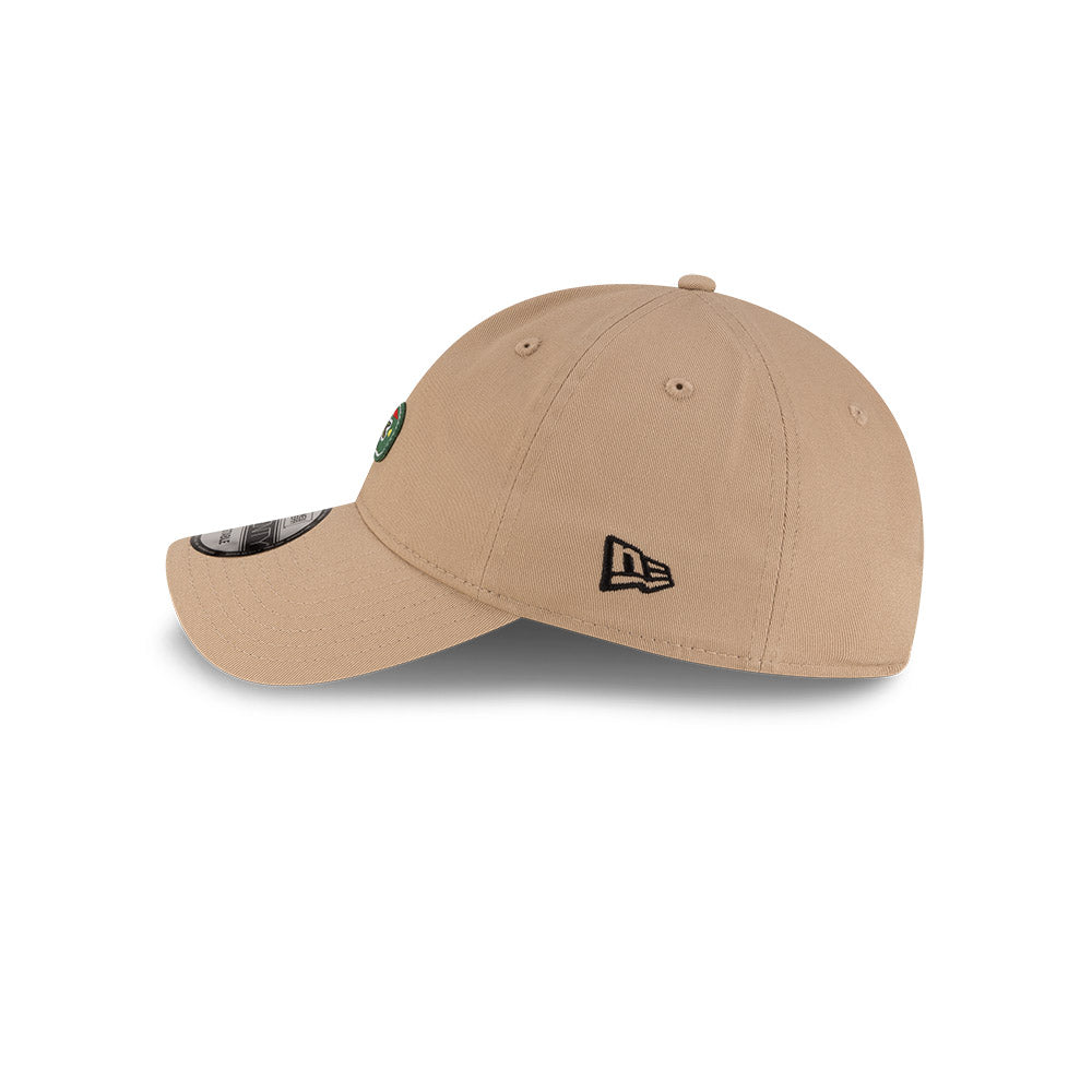 Left side profile view of New Era x Lacoste 9TWENTY Flag Beige Adjustable Cap featuring stitched green flag logo.