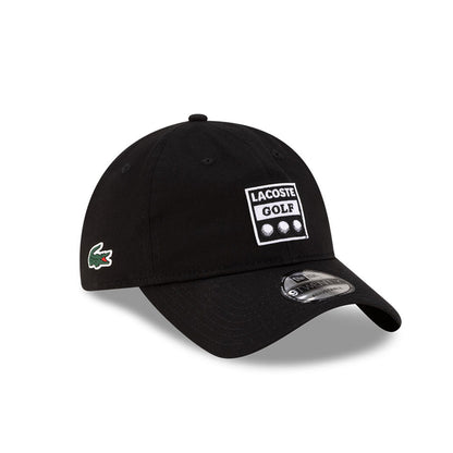 Front right view of New Era x Lacoste 9TWENTY Golf Ball Black Adjustable Cap highlighting the side crocodile logo