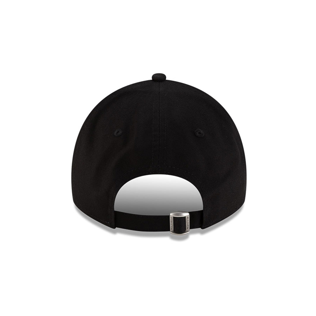 Back view of New Era x Lacoste 9TWENTY Golf Ball Black Adjustable Cap showcasing cloth strapback and metal closure.