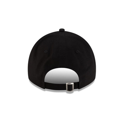 Back view of New Era x Lacoste 9TWENTY Golf Ball Black Adjustable Cap showcasing cloth strapback and metal closure.